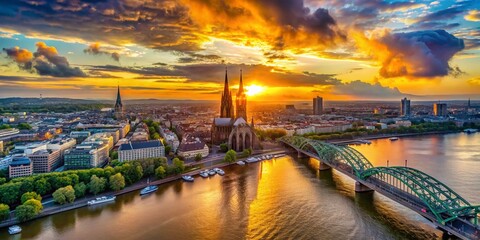 Fototapeta premium Stunning Drone Sunset Panorama over Cologne Skyline, Germany