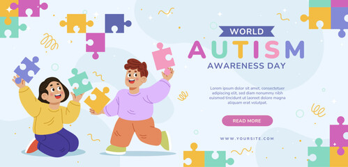 Two kids holding puzzle pieces for world autism awareness day. Suitable for online campaigns, educational materials, and social awareness posts.
