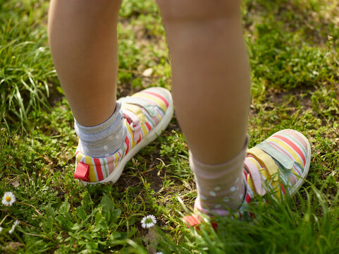 legs of a young girl on a green grass
