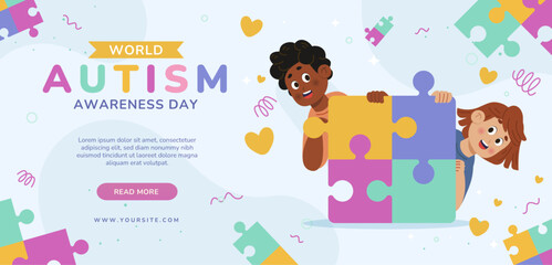 World autism awareness day banner featuring two kids holding a puzzle. Suitable for promoting inclusion and support for individuals with autism.