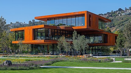 Obraz premium Modern orange office building, sunny day, landscaped grounds, view