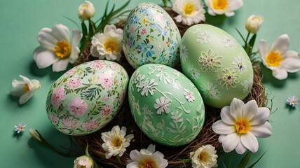Easter Greeting Card Design with Eggs and Spring Flowers