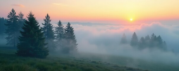 Misty morning fog rolls in over cypress trees, cypress trees, atmospheric conditions