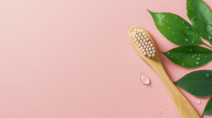 Eco-friendly bamboo toothbrush and green leaves.