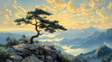 Mountaintop pine tree sunrise landscape, serene view