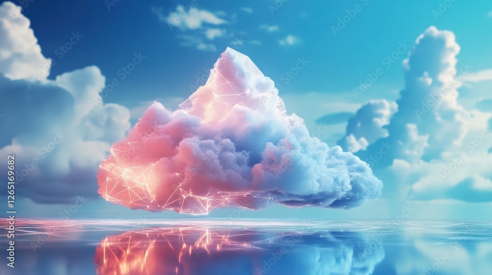 Poster creative glowing polygonal cloud on blue background. cloud computing and data concept. 3d rendering.
