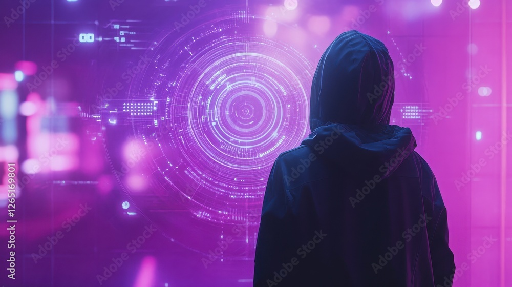 Poster hacker using abstract polygonal circles interface on blurry purple background. metaverse and future 