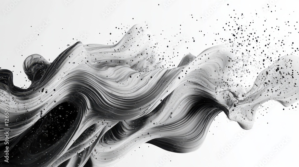 Poster abstract black and white wave design resembling sound waves with scattered particles creating a dyna