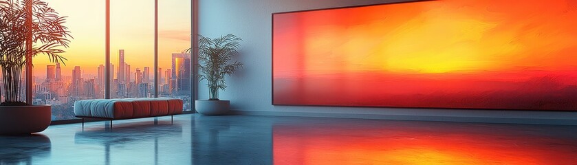 Sunset serenity modern art display in a sleek urban loft captured in a contemporary setting