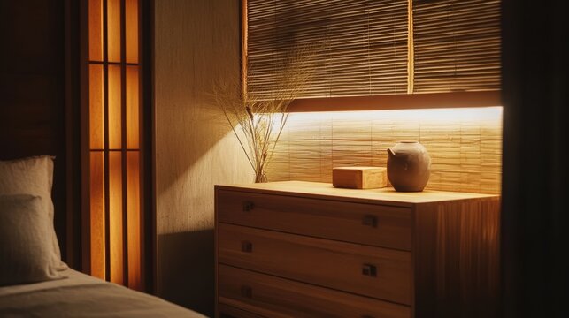 Cozy bedroom interior showcases warm lighting and wooden furniture