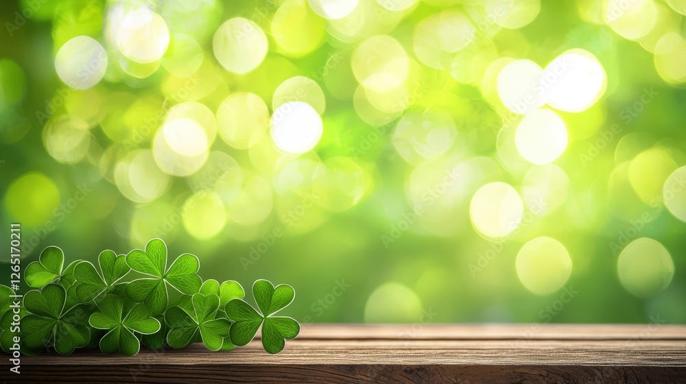 Poster a vibrant green background with soft bokeh and a cluster of clover leaves on a wooden surface, conve