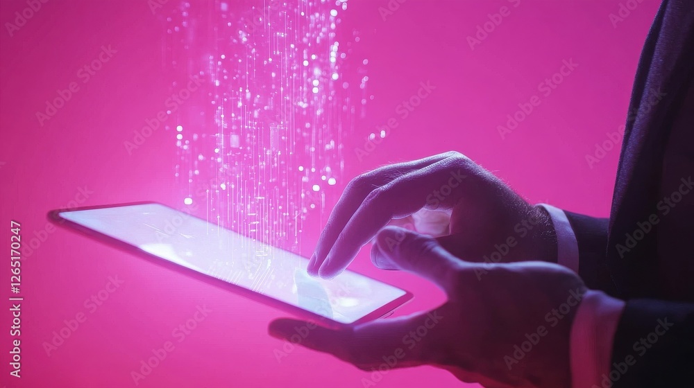 Poster close up of businessman hand using tablet with abstract coding and digital web hologram on pink back