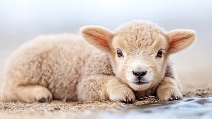 Fototapeta premium Adorable Lamb Laying in Spring Meadow