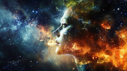 Abstract polygonal head in space. Cyberspace and science concept. Double exposure.