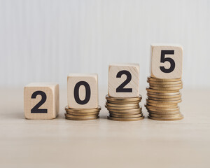 A clean and professional image showing the year 2025 with stacked coins, symbolizing growth, financial planning, investment, and wealth accumulation for the future.
