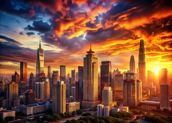 Obraz premium Stunning Sunset Cityscape Skyline Silhouette - High-Resolution Stock Photo