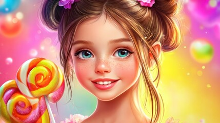 Sweet Dreams: A Portrait of a Young Girl with Lollipops and Flowers