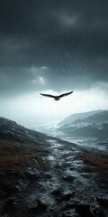 Solitary bird flying stormy coastal landscape