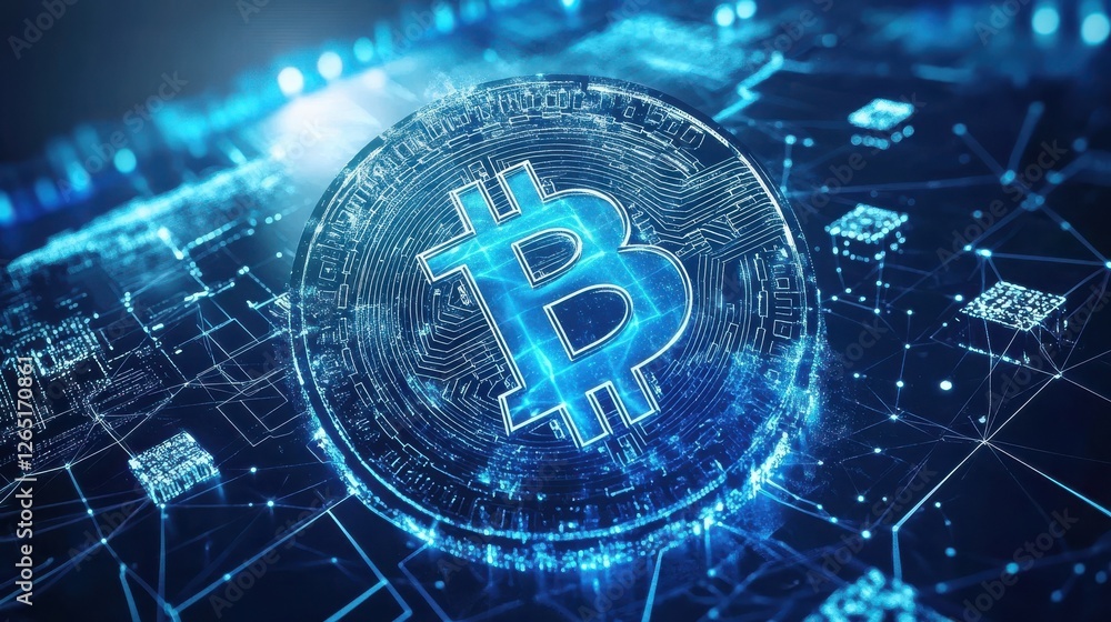 Poster blockchain technology futuristic hud background with world globe and blockchain polygon peer to peer
