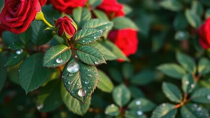 morning dew on the leaves of the red rose tree, leaves, fresh
