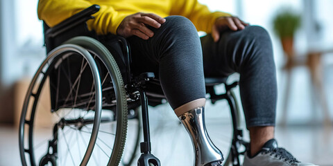 Obraz premium Person with Prosthetic Leg in Wheelchair