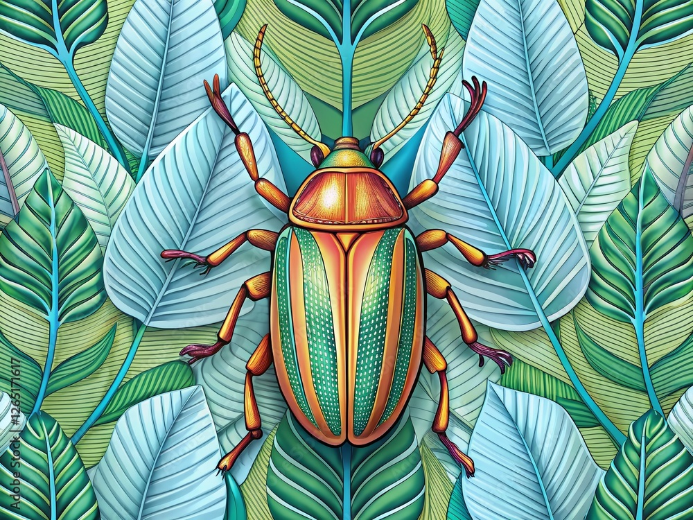 Poster stylish line art bug on repeating leaf pattern background - nature stock photo