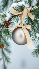 Ornament with natural pine branches and beige ribbon, rustic, winter