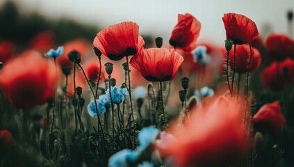 A field of red and blue flowers with a blue flower in the foreground