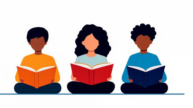 Diverse Group of Students Reading Books for Education and Learning Illustration on White Background with Multicultural Representation and Study Concept for Classroom and Educational Materials