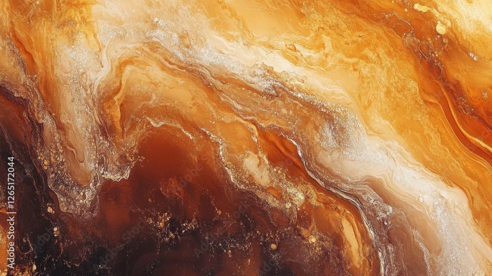 Poster fluid abstract waves in warm tones of orange, gold, and brown, creating a dynamic and elegant backgr