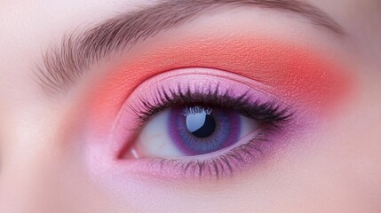 Fototapeta premium Close-up of eye with vibrant pink and peach eyeshadow makeup look