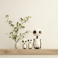 Obraz premium Charming Wooden Dolls Displayed on Shelf Next to a Green Plant in Modern Minimalist Interior Setting