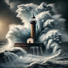 Lighthouse Resisting a Massive Ocean Wave