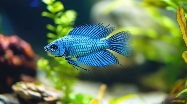 Blue dwarf gourami swims in aquarium, plants background, pet fish