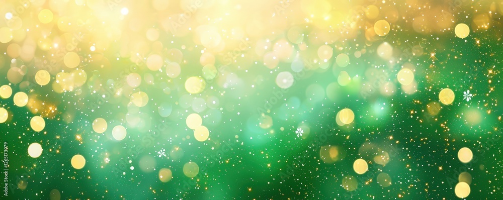 Poster a shimmering background of green and golden bokeh lights, creating a festive and enchanting atmosphe