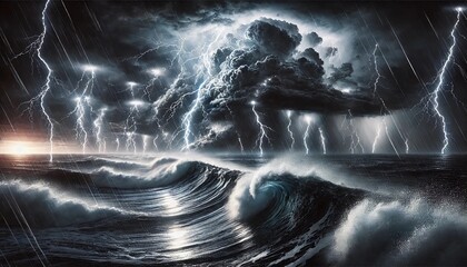 Apocalyptic Ocean Storm with Lightning Strikes