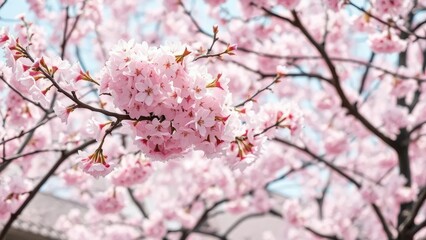 Fototapeta premium Pink cherry blossoms swaying in the soft breeze of spring, trees, blossom