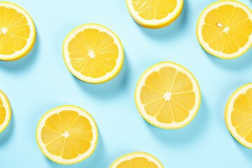 Fototapeta premium Sunlit lemon slice on blue background represents minimal summer trend