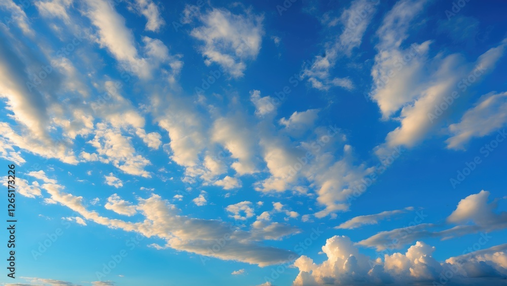 Poster blue sky with fluffy white clouds in various formations during daytime ideal for backgrounds or natu