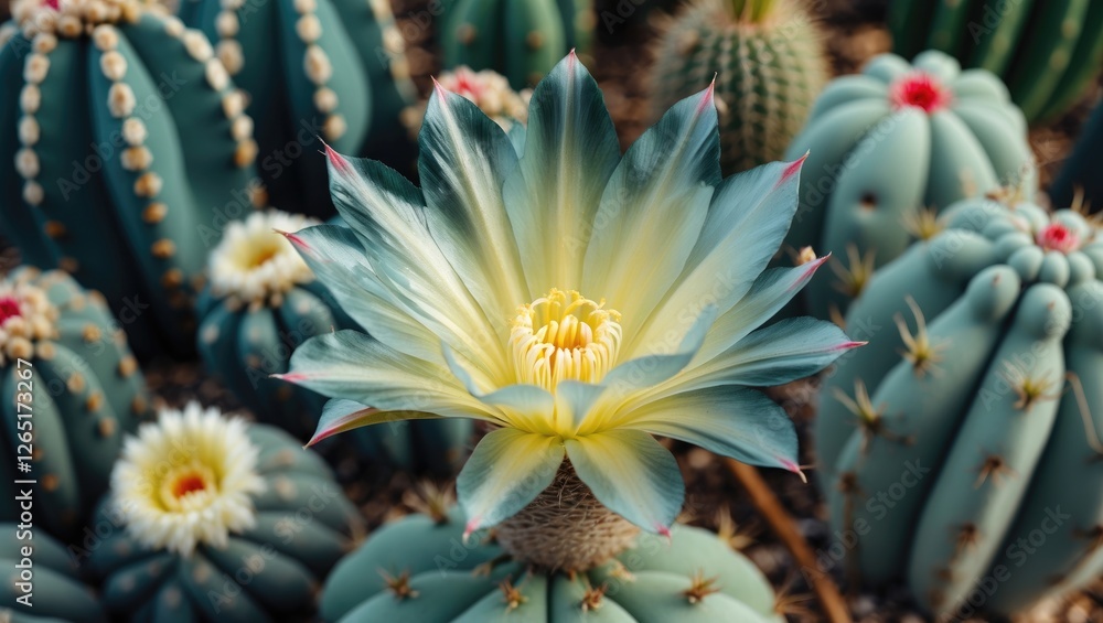 Poster cactus flower bloom surrounded by various cacti species in desert garden setting natural light copy 