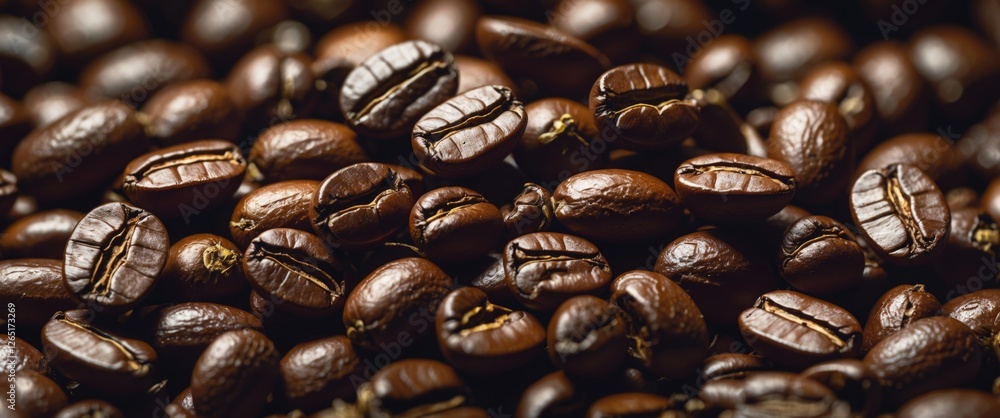 Poster close-up of roasted coffee beans with rich texture and deep brown color perfect for backgrounds or c