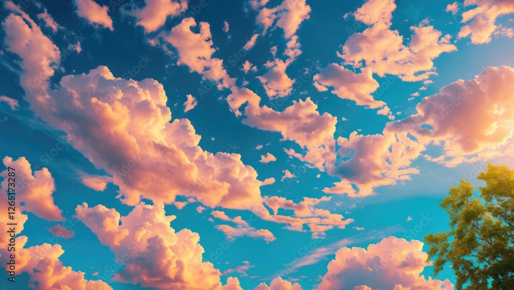 Poster colorful sunset sky with fluffy clouds and tree silhouette in the foreground creating a tranquil atm