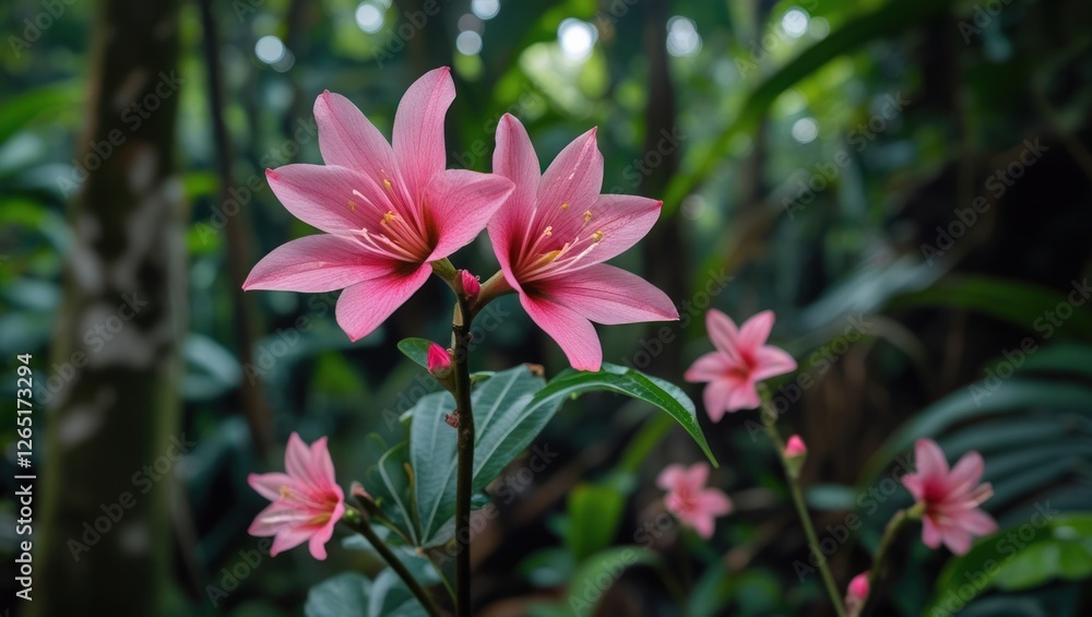 Poster pink tropical flowers surrounded by lush greenery in a forest setting with blurry background and vib