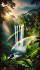 Majestic Waterfall with Double Rainbow in Lush Tropical Jungle