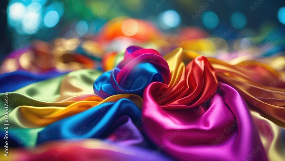 Poster colorful silky fabric draped in vibrant hues with soft folds and textures suitable for textile or fa