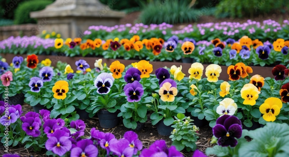 Poster vibrant display of multicolored pansy flowers in a garden with green foliage and copy space for text