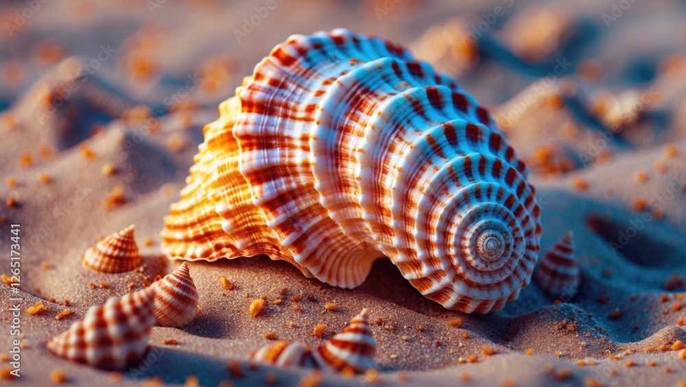 Aufkleber Close-up of striped seashell on sandy beach with smaller shells in background illuminated by soft warm light Copy Space