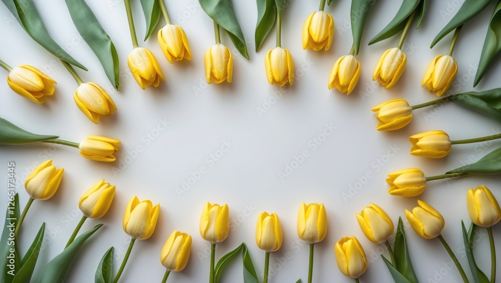 Aufkleber Arrangement of yellow tulips around a white background with copy space for text in the center of the image.