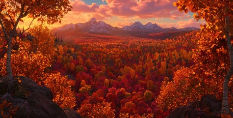 Naklejka premium Vibrant Autumn Landscape with Colorful Foliage and Majestic Mountains at Sunset in a Scenic Natural Setting