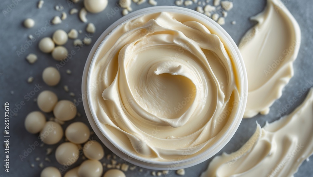 Poster creamy white chocolate spread in a container with scattered white chocolate balls on a gray surface 